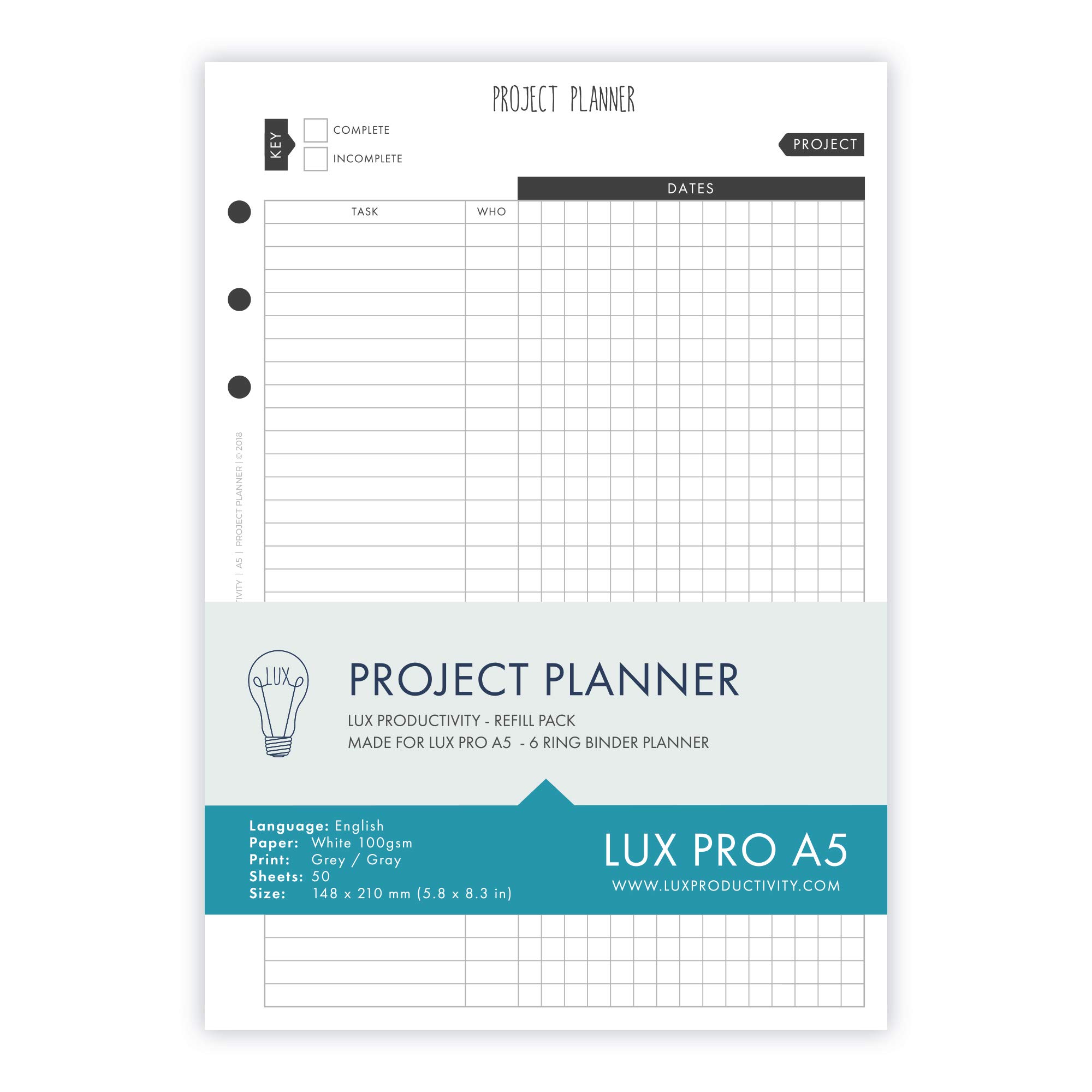 LUX PRO A5:Project Planner - LUX Productivity Refill Pack - Planner Page Inserts - Compatible with The LUX PRO A5 6-Ring Binder Organizer