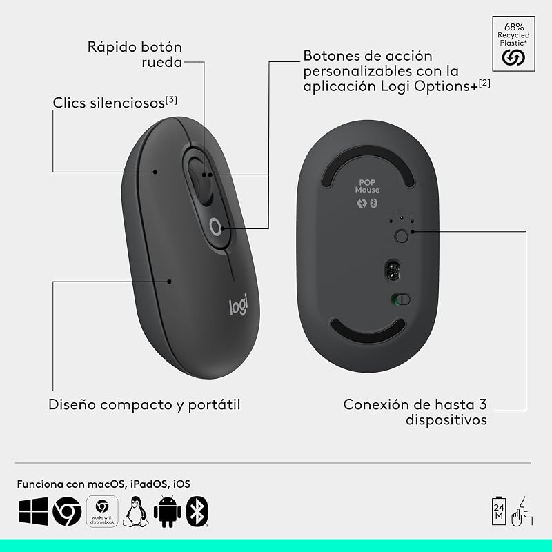Logitech POP Mouse, mouse Bluetooth sem fio compacto e portátil com botões programáveis e cliques discretos, tecnologia Easy-Switch para alternar até 3 dispositivos, laptop, tablet, PC- Grafite