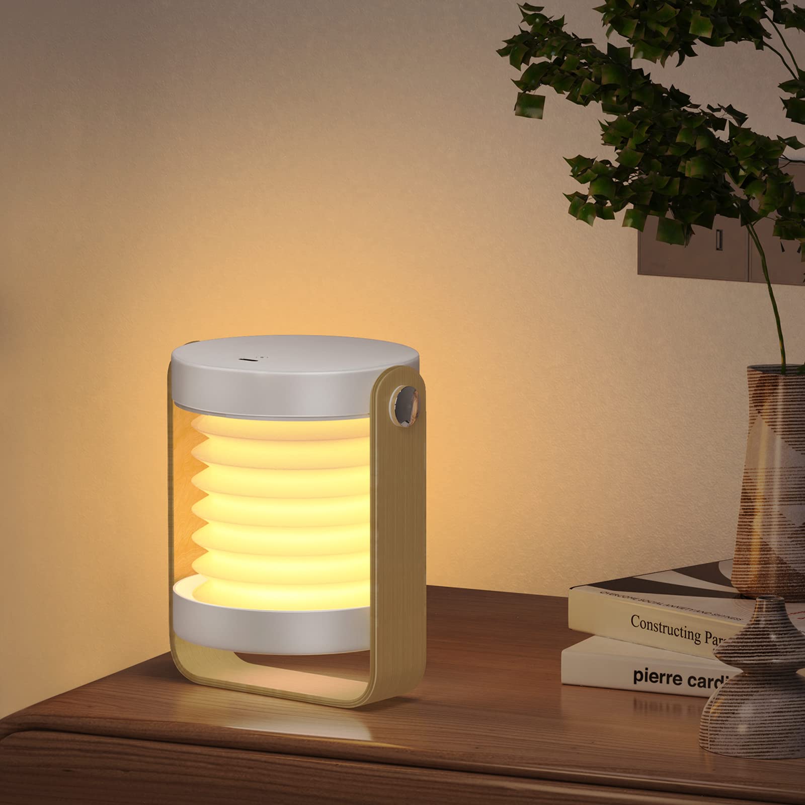 Rechargeable Lamp Bedside, RealPlus USB Rechargeable Portable LED Lantern Lamp Touch Control 3 Level Brightness Wooden Handle Desk Light, Night Light for Bedroom,Camping, Gifts for Women & Men (White)