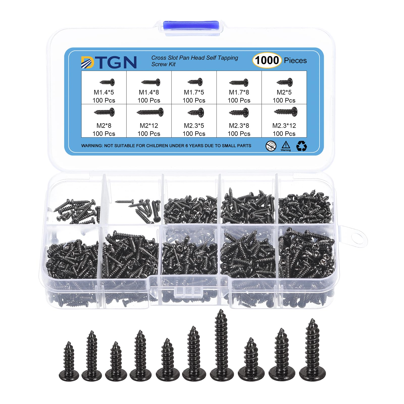 DTGN Small Phillips Pan Head Self Tapping Screws Micro Wood Screws, Mini Electronic Screws Assortment Kit,Carbon Steel Black Oxide(Size:M1.4x5-M2.3x12-1000pcs)