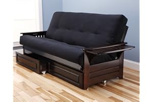 KODAIK Queen Size Phoenix Espresso Frame w/ 7 Inch Mattress Microfiber Suede Futon Set Wood Sofa Bed (Black Mattress, Frame w/Drawers (Queen Size))