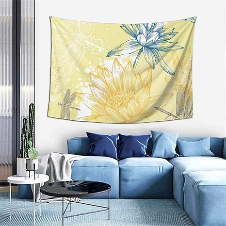 Amazon Co Jp Gukisala タペストリー 蓮の植物とトンボの大ざっぱなイラスト 多機能 毛布 おしゃれな壁掛け インテリア ファブリック装飾用品 モダンなアート 和風 壁掛け クールジャパン 家飾り ホーム キッチン