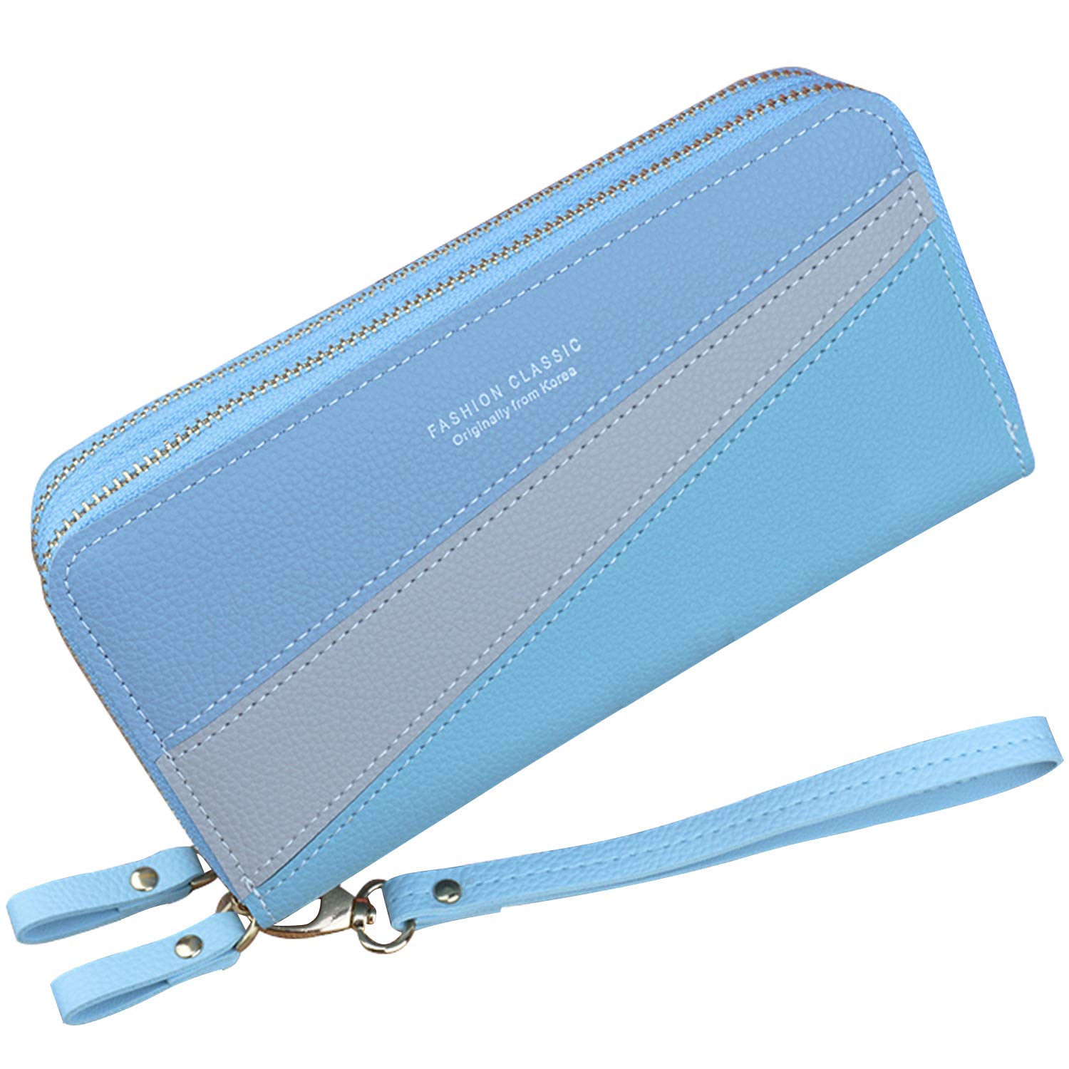 Yixuan Ladies PU Leather Phone Wallet with Double Zipper Coin Purse, Large Capacity, Multiple Card Slots, Wristlet (Blue3)