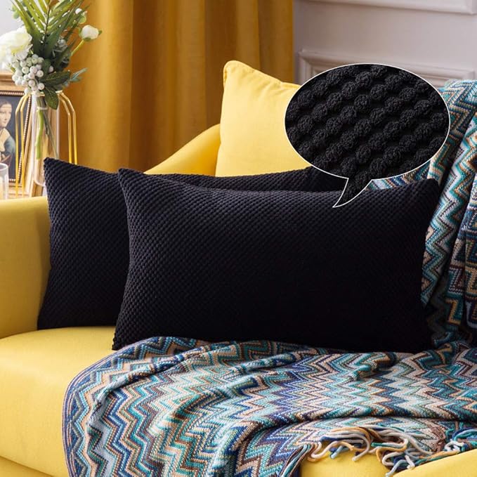 MIULEE Pack of 2 Decorative Lumbar Throw Pillow Covers Soft Pellets Soild Cushion Case Black