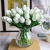PU Fake Tulips Real Touch Artificial Flowers 10Pcs Flower Arrangement Bouquet for Home Office Wedding Decoration (White)