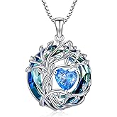 TOUPOP Tree of Life Birthstone Necklace 925 Sterling Silver Pendant Austrian Crystal Jewelry Anniversary Valentine's Day Birthday Gifts for Women Mom Her Wife