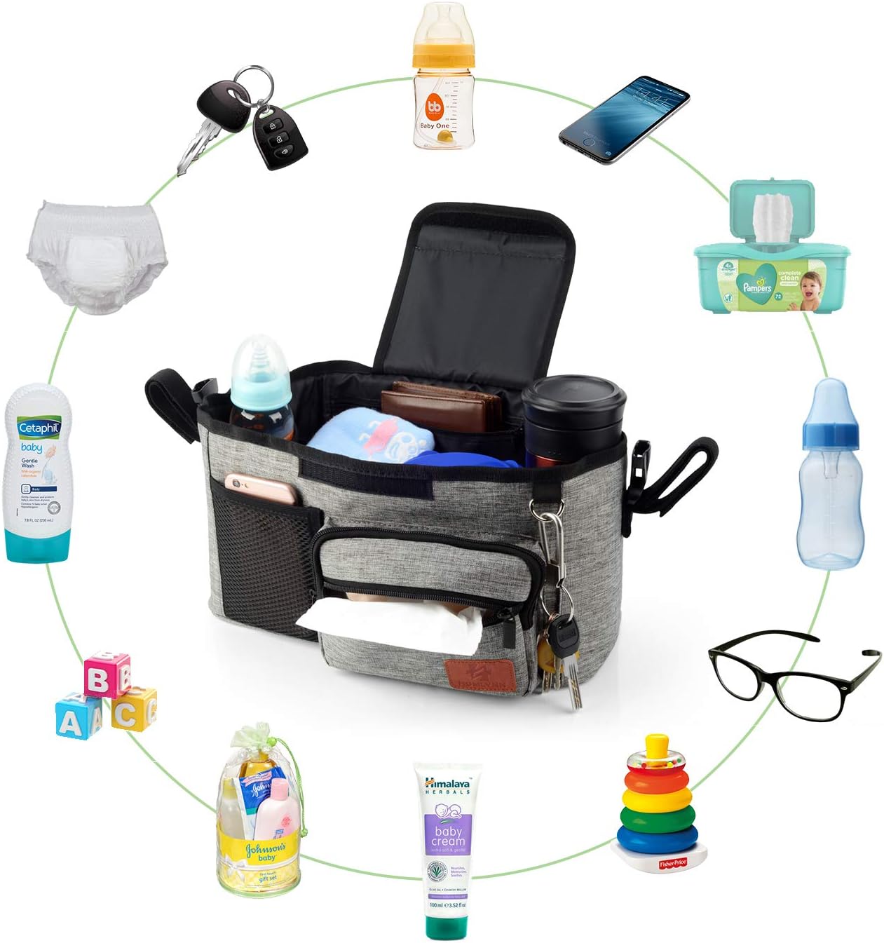 Homlynn Stroller Organizer, Parent Console Storage Bag-2 Deep Cup Holders Extra-Large Storage with Shoulder Strap, Adjustable Handlebar Strips-Fit All Stroller Models(Grey): Home Improvement