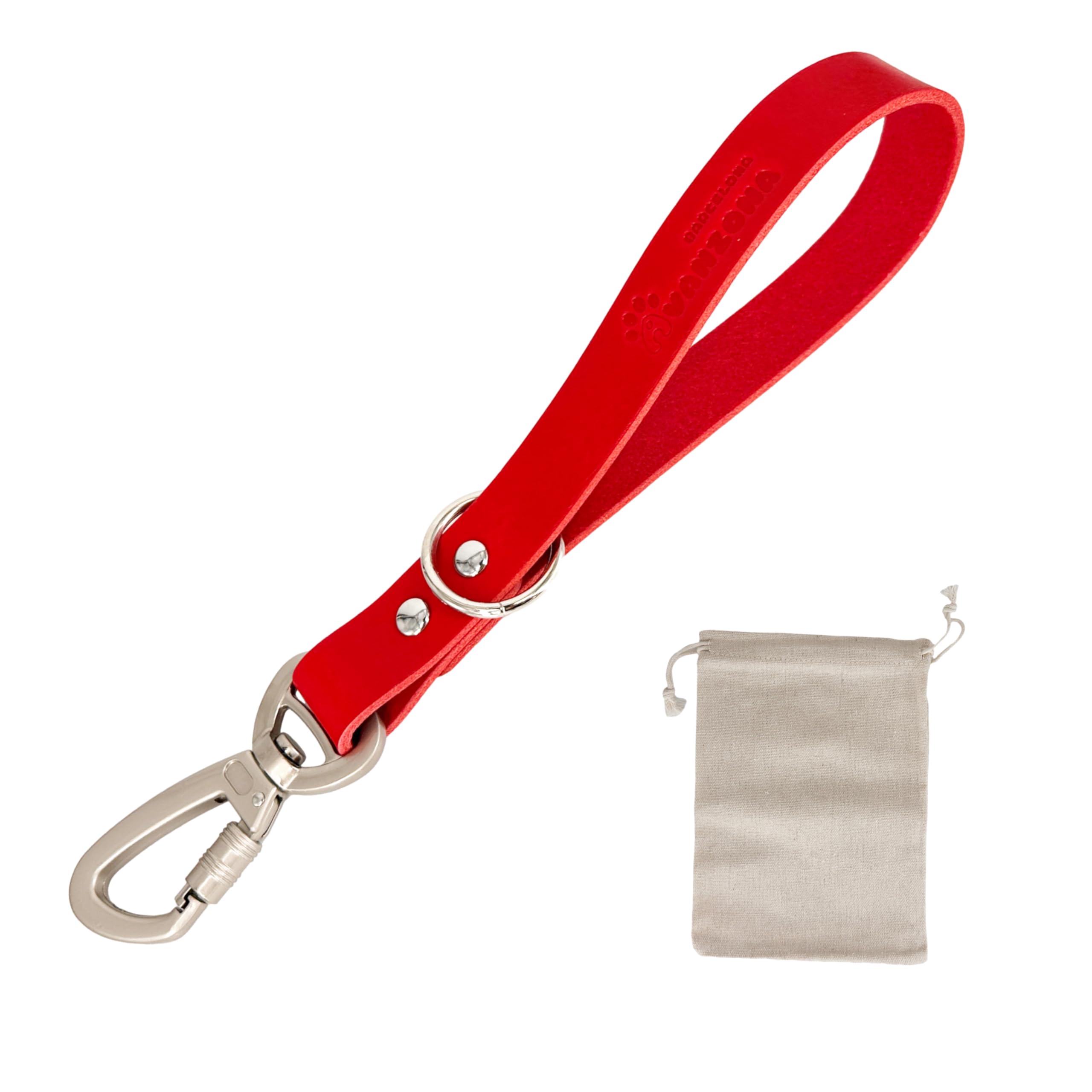 Leather Dog Lead Handle. Safety Locking Hook. Short Dog Leash for Large Dogs. DIY for Multi-Purpose. Handmade in Spain. 32cm. Red.