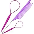 TsMADDTs 3Pack Hair Loop Tool Set with 2PCS French Braid Tool Loop 1PCS Rat Tail Comb Metal Pin Tail Braiding Comb for Hair Styling, Purple