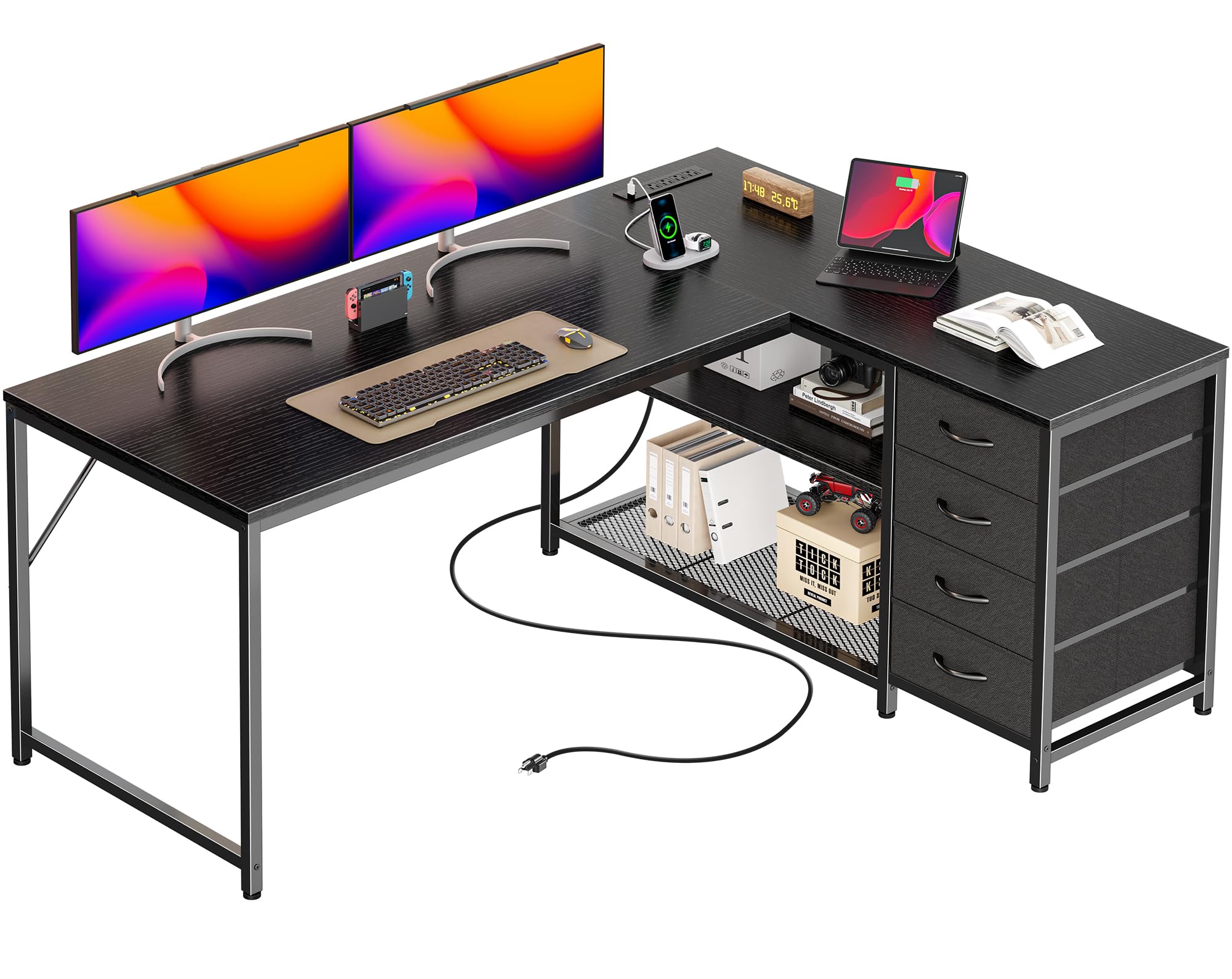 PRAISUN 53" L Shaped Desk with Power Outlets and