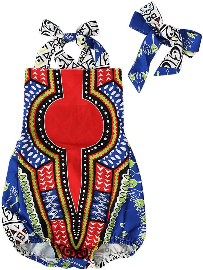 DFVVR Baby Romper Toddler Kid Baby Girl Bodysuit African Print Sleeveless + Hair Band