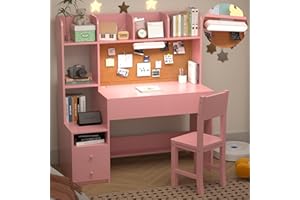 RUPOLX Wooden Pink Kids Study Desk and Chair Set with Light, 4 Drawers and Storage Cabinets, Children Desk with 4 Open Hutch and Shelves, Girls Study Desk for Kids Bedroom-001