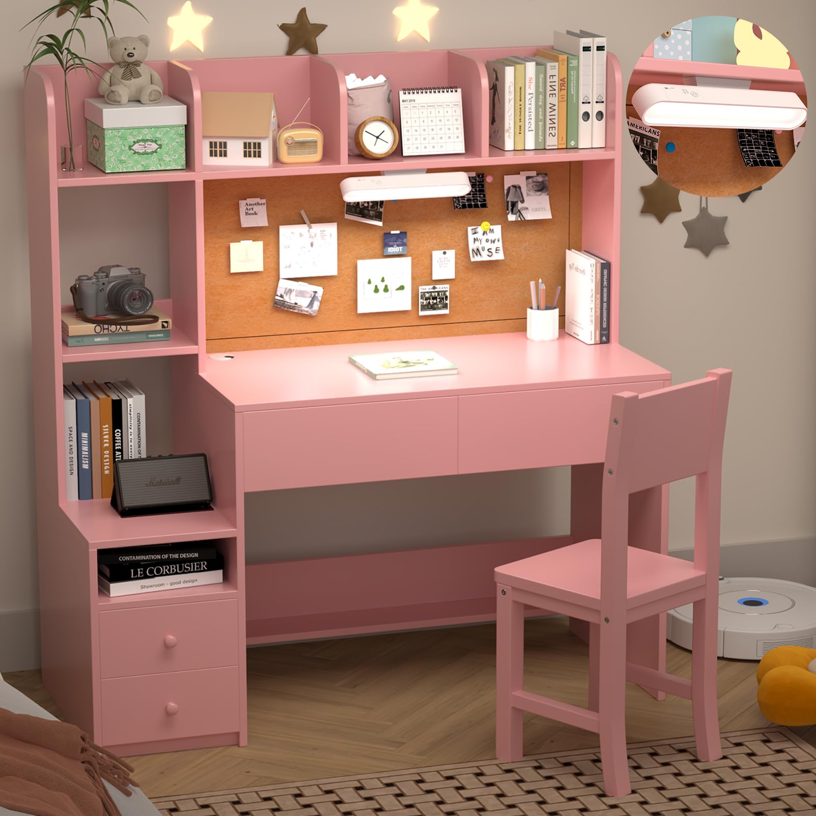 Photo 1 of ***SIMILAR PRODUCT***RUPOLX Wooden Pink Kids Study Desk and Chair Set with Light, 4 Drawers and Storage Cabinets, Children Desk with 4 Open Hutch and Shelves, Girls Study Desk for Kids Bedroom-001