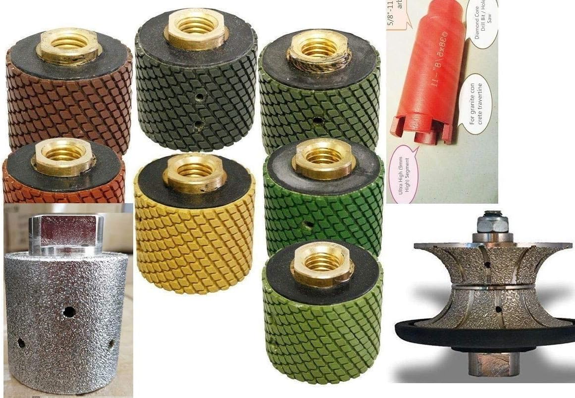 1 3/8" Wet Polishing Drum 7 + core bit + zero tolerance grinding drum wheel + 1 1/4" (30 mm) V30 Full Bullnose shaping Diamond Router Bit Granite Stone Marble Edge wet polisher grinder countertop