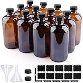 PINIWON 12 Pack 16 oz Amber Glass Bottles, Boston Round Sample Bottles with Black Poly Cone Caps, Labels and Funnels