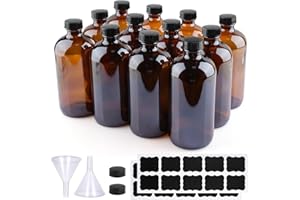 PINIWON 12 Pack 16 oz Amber Glass Bottles, Boston Round Sample Bottles with Black Poly Cone Caps, Labels and Funnels