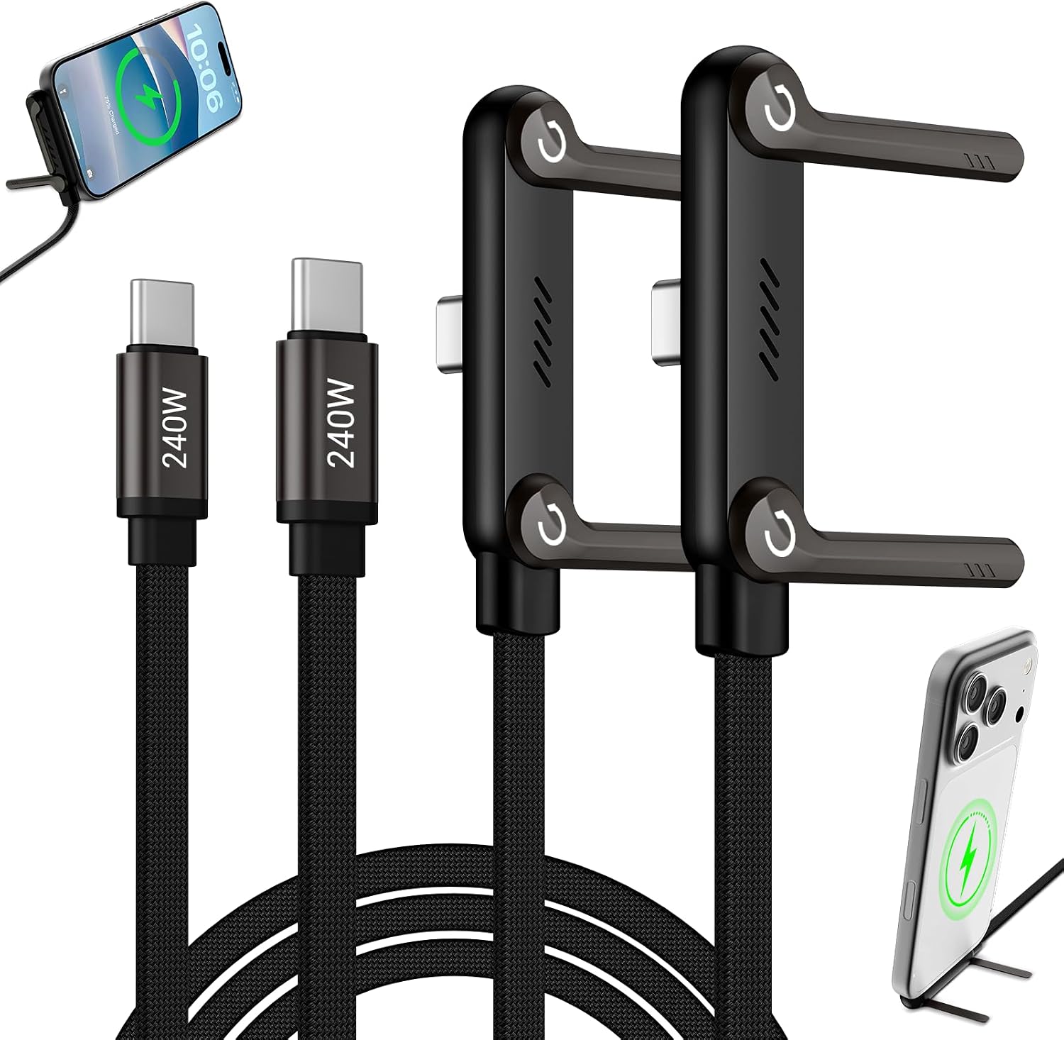 Konstreet 2-in-1 Invisible Stand Fast Charging Cable 240W Type-C Braided Fast Charging Cable Built-in Phone Stand 2 in 1 Phone Holder Cable for Suitable for Gaming Office and Travel Black 2Pack