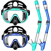 Snorkel Set, Zipoute Snorkel Dry Top Snorkeling Gear for Adults, Panoramic Anti-Leak and Anti-Fog Tempered Glass Lens, Adults
