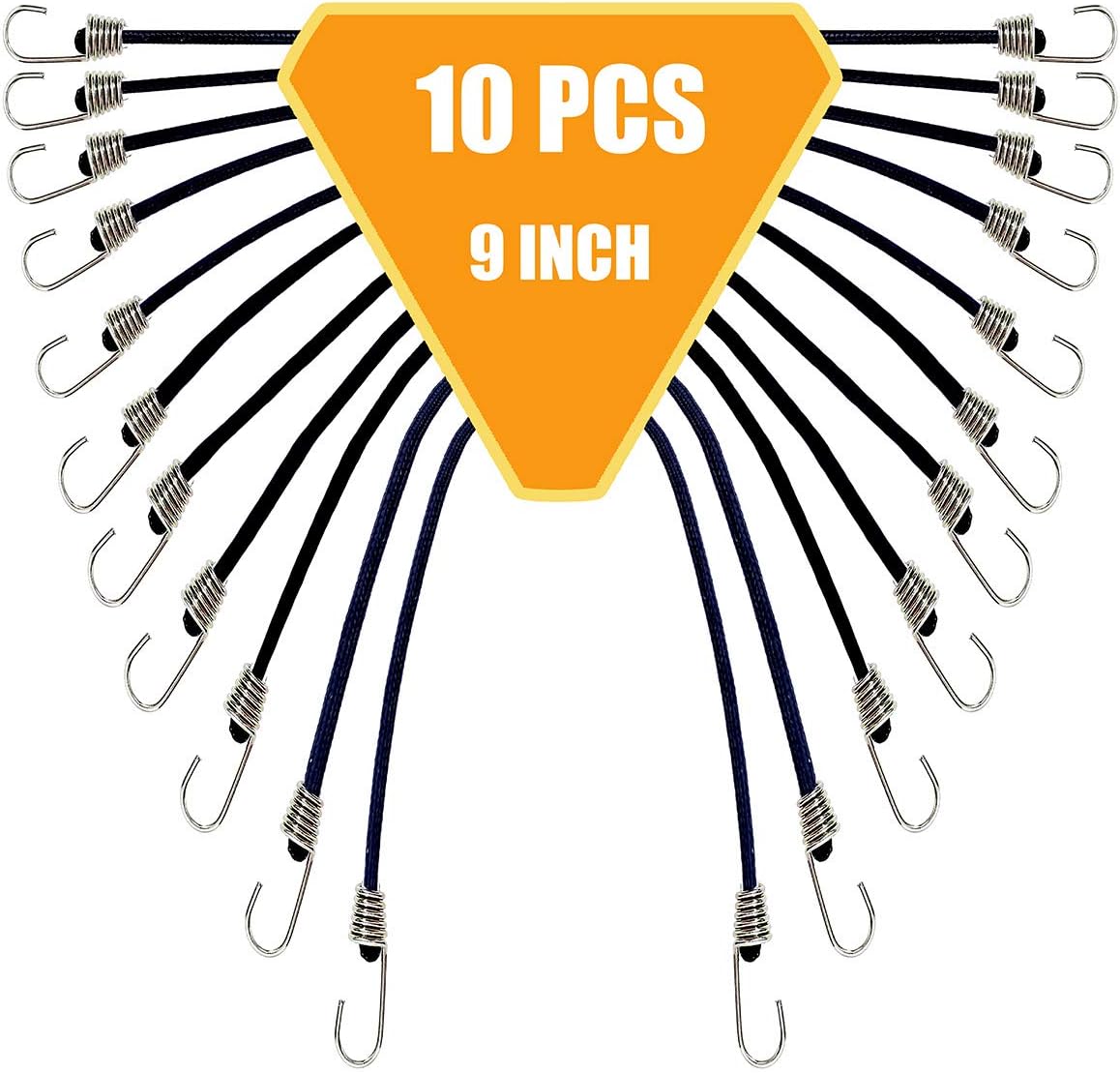 10 Pack Mini Bungee Cords with Hooks, 9 Inch Rubber Stretchy Bungee Cords with Carabiner Hooks for Camping, Tools, Tarps (Black) - - 