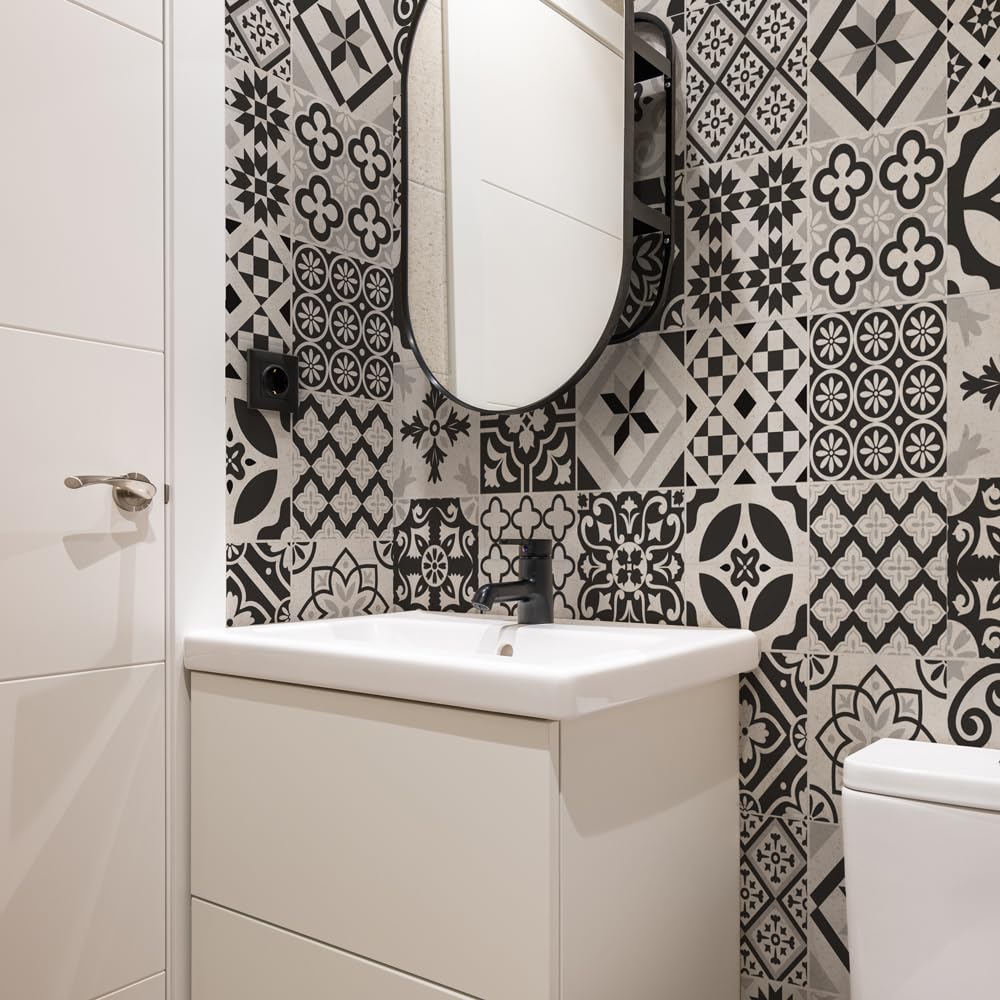 RE-COVERTILES - Bathroom and Kitchen Tile Stickers 10 Pcs 20x20cm - PS00063 Waterproof PVC Mosaic Tile Wall Decoration Style Azulejos Cement Tiles