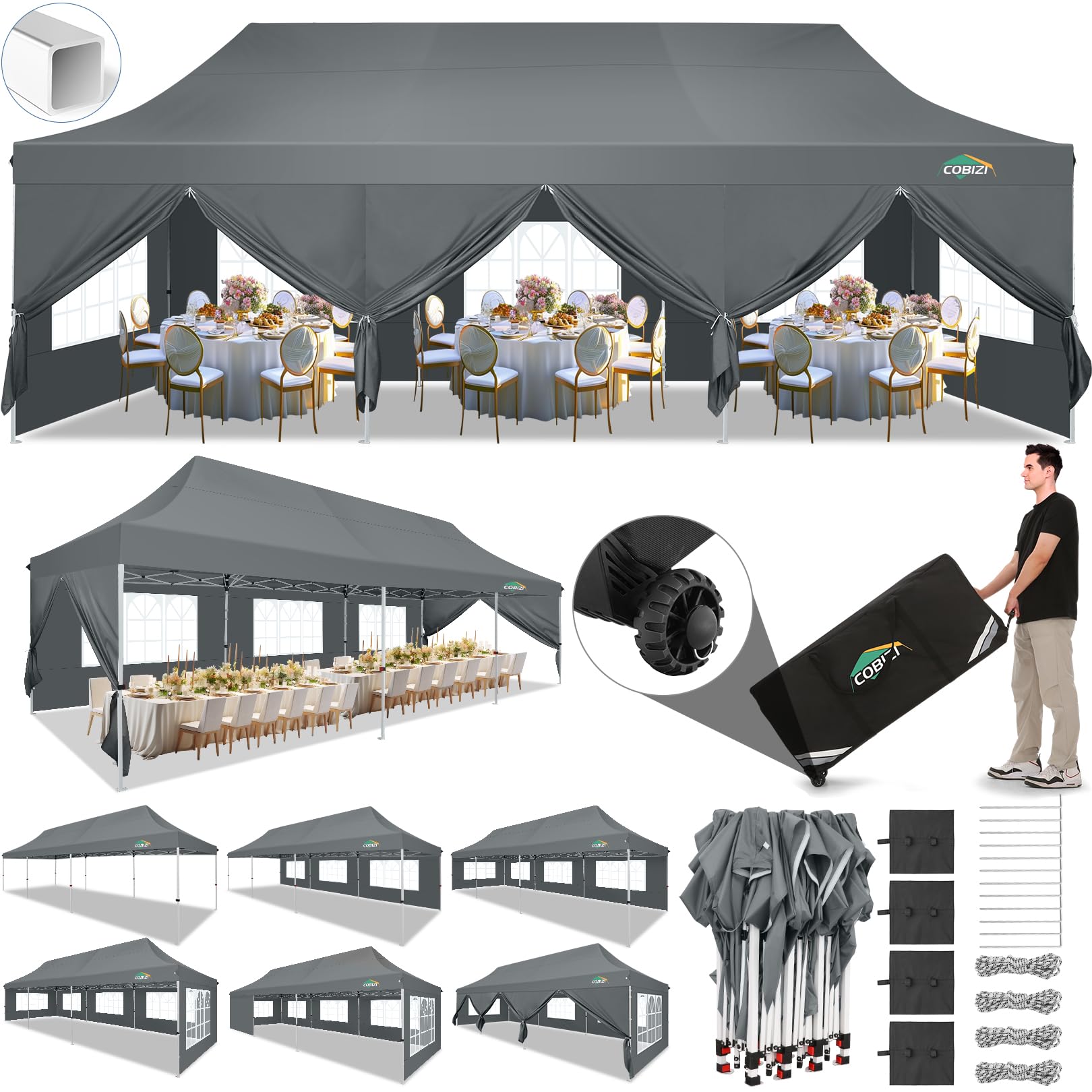 Photo 1 of ***DAMAGED AND MISSING PARTS**COBIZI 10x30 Pop Up Canopy Tent with 8 Removable Sidewalls, Easy Setup Canopy with Roller Bag & Sandbags?Waterproof and UPF50+ Gazebo Tent, Outdoor Gazebo for BBQ Party Wedding Events Tent, Grey