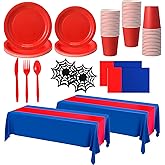 Acellegic 182 Pcs Spider Birthday Party Supplies, Blue and Red Themed Tableware Set with Plates, Cups, Cutlery, Tablecloths & Spider Web Napkins for Birthdays Party Decoration
