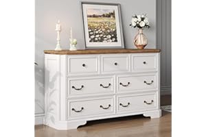 Jocisland Farmhouse 7 Drawer Dresser for Bedroom, 54" Wide Wooden Dresser for Closet with Natural Wood Grain and Vintage Hand