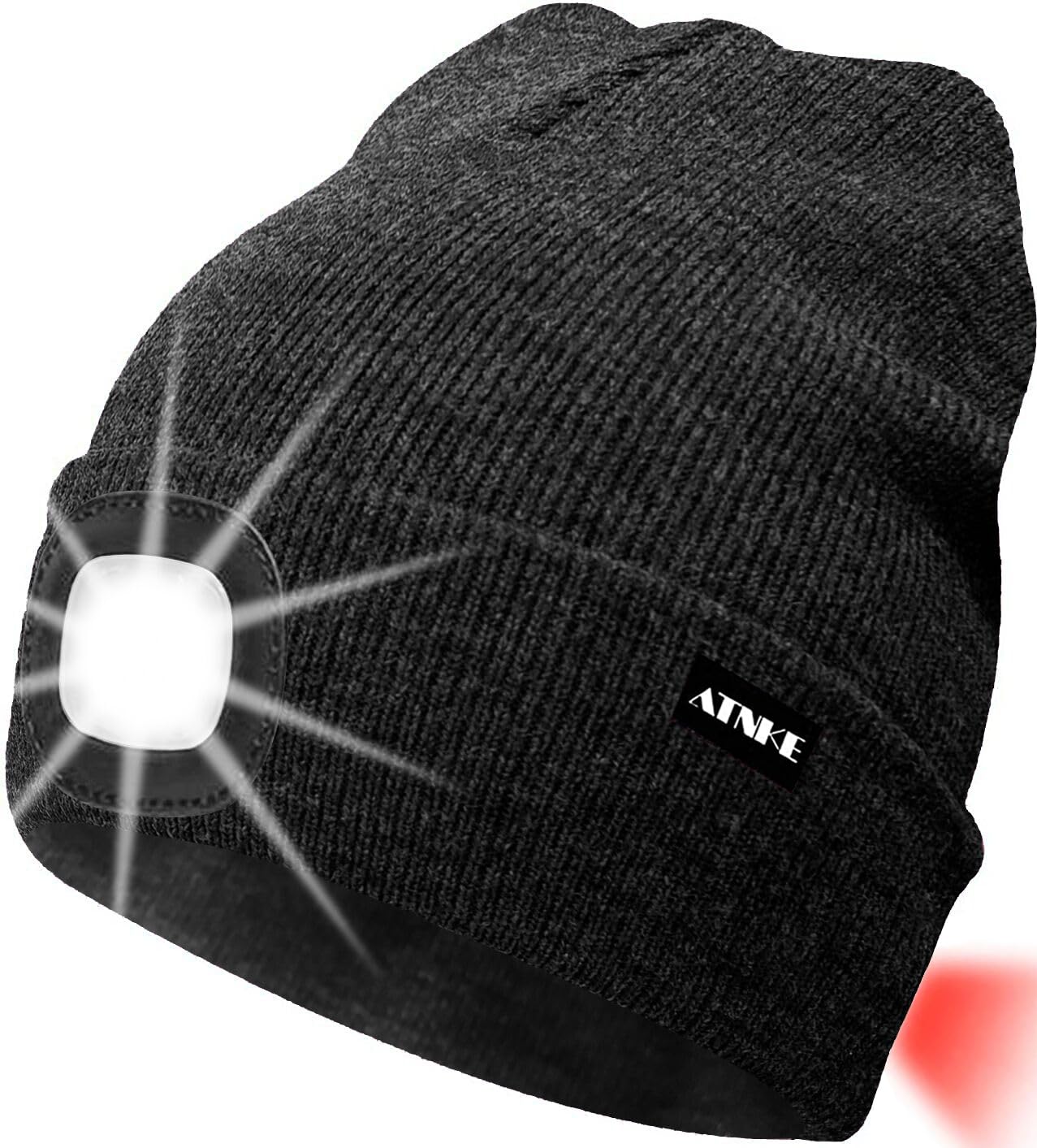 ATNKE 8LED Lighted Knit Hat,USB Rechargeable Running Headlamp Cap Ultra Bright Waterproof Light Lamp and Flashing Alarm Red Tail Light Multi-Color/Dark Grey