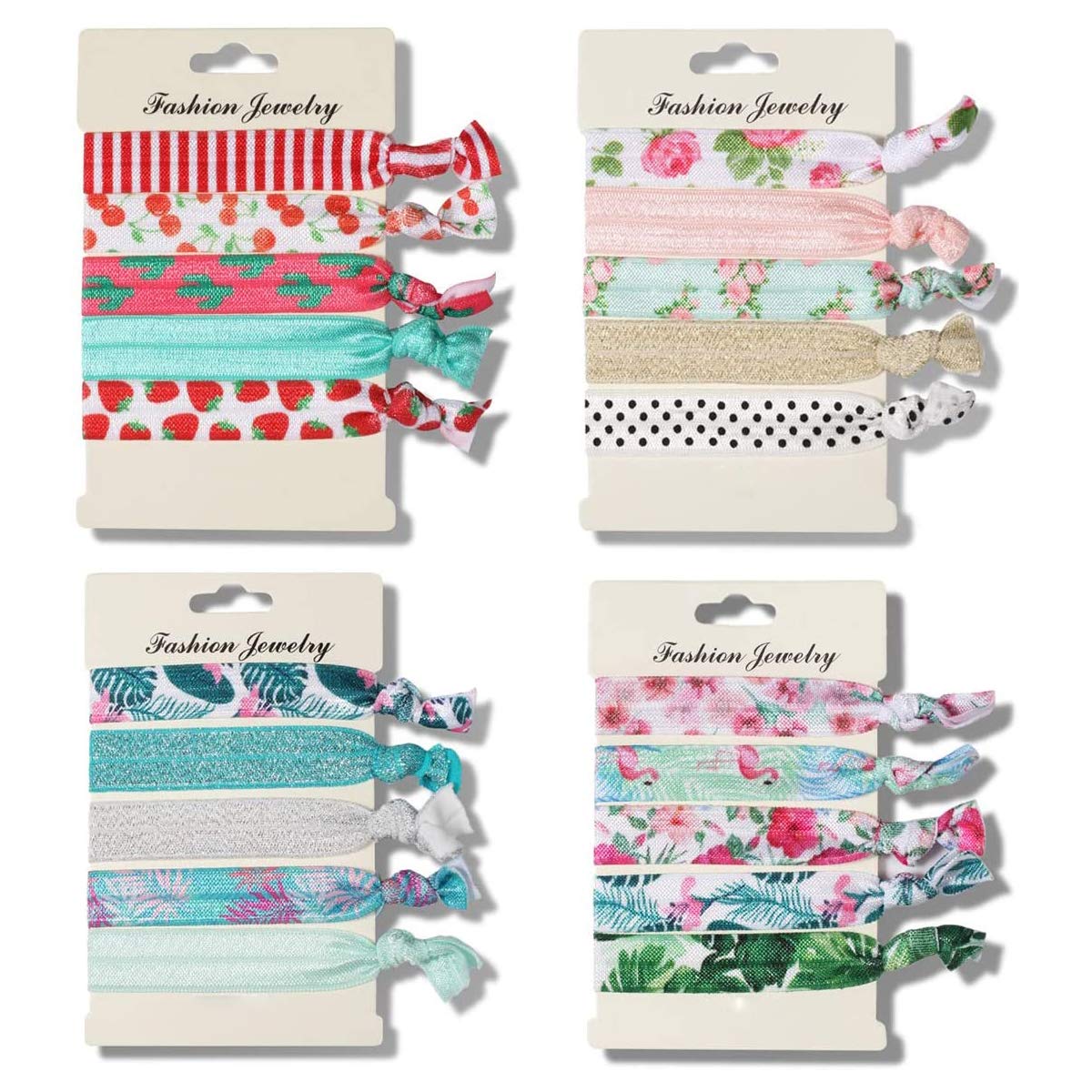 Ulife Mall Pack of 20 Elastic Hair Ties, No Crease Ribbons Ouchless Ponytail Holders Hair Bands Hair Ropes Party Bracelets Accessories for Women Girls and Kids (Tropical Flower/Flamingo)