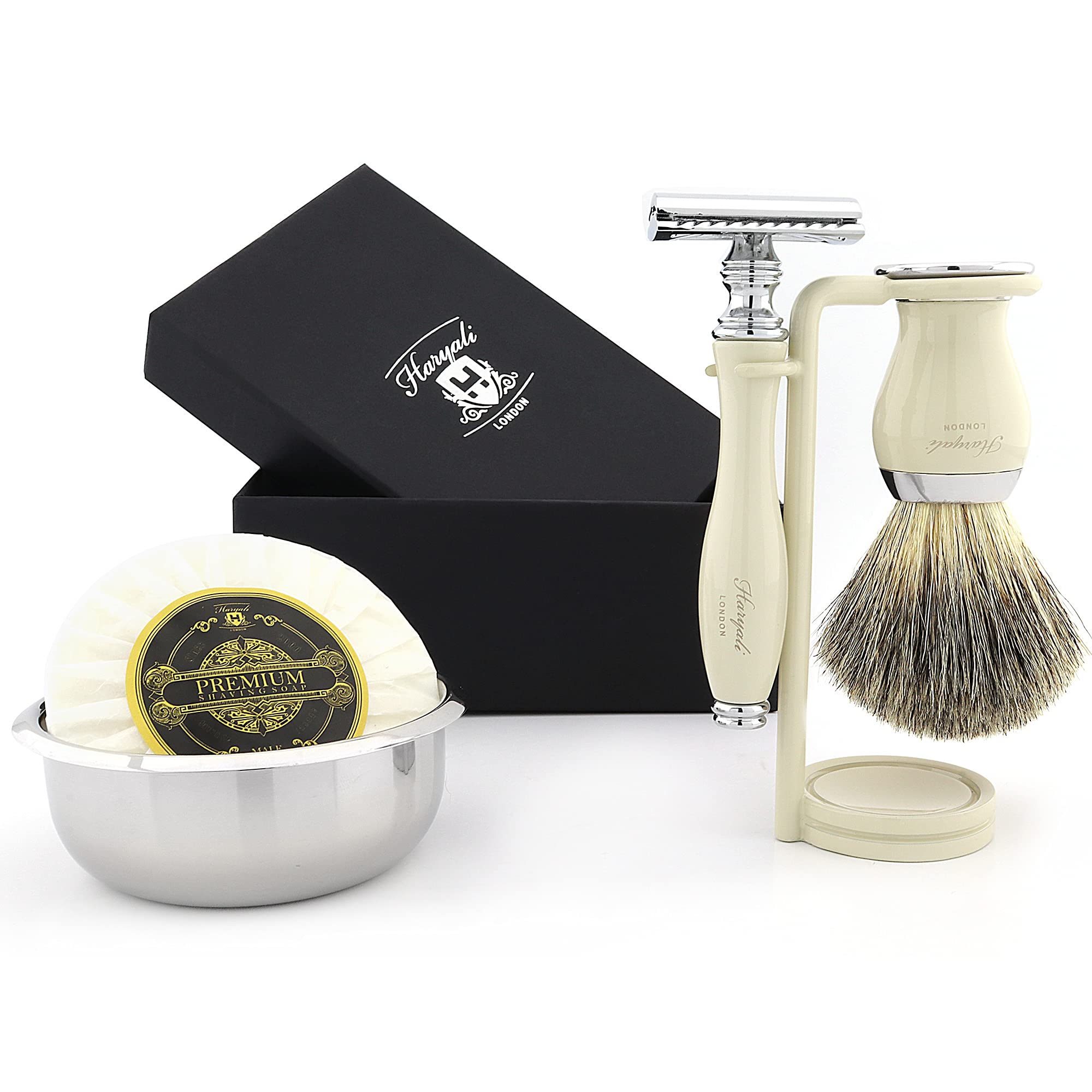 Haryali London 5 Pcs Wet Shave Kit – Complete Shaving Set with Double Edge Safety Razor, Shaving Soap, Shaving Brush, Bowl & Stand – Traditional Shaving Set for Men