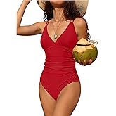 Charmo Tummy Control One Piece Swimsuits for Women Ruched Bathing Suits Strappy V Neck Monokini