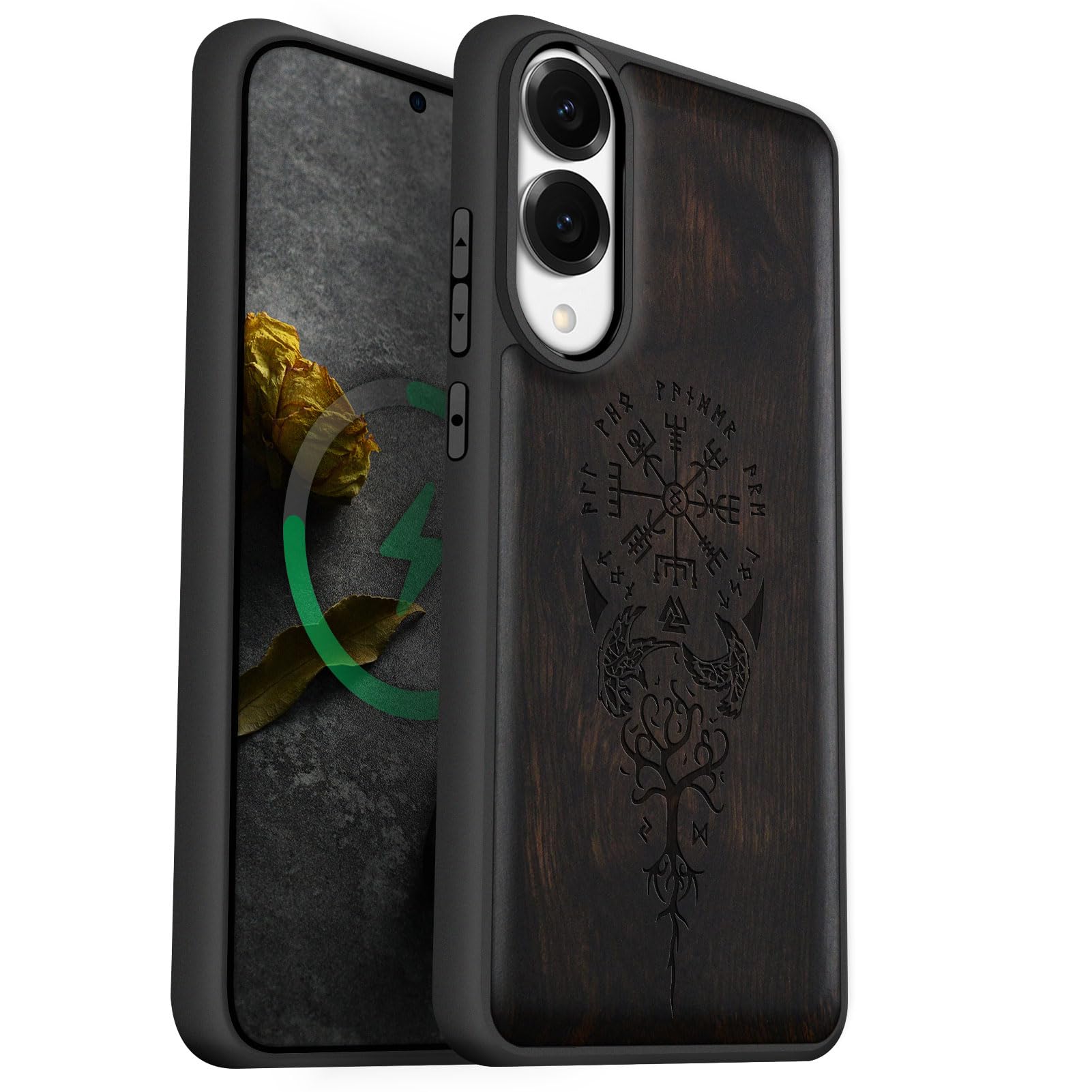 Carveit Holz Cover für Samsung S25 Edge hülle, Handyhülle kompatibel MagSafe Silikon Stoßfeste Case, Magnetisch Hull für Galaxy S25 Edge Handyhulle（Dunklesholz-Wikingerkompass Vegvisir）