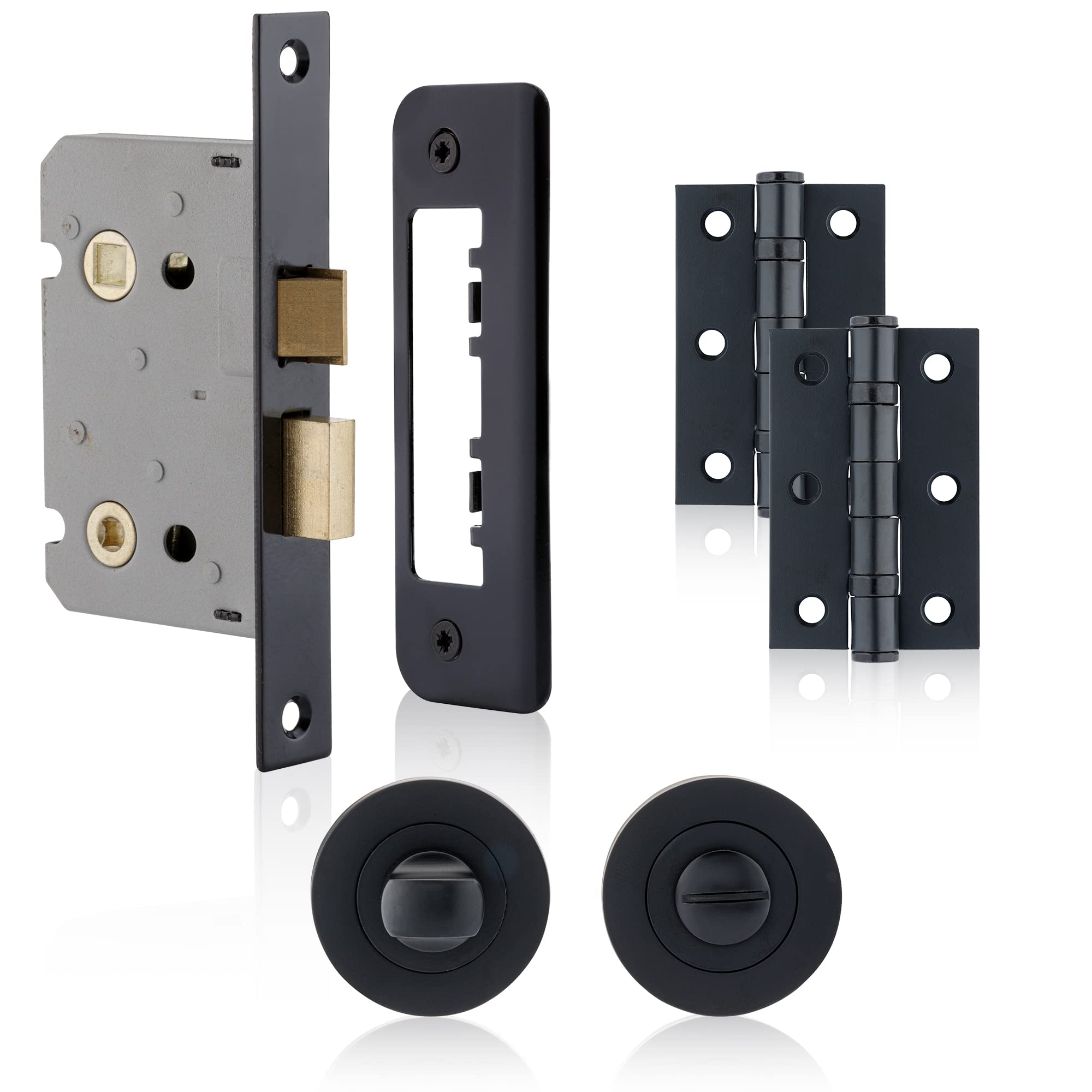 XFORT Complete Matt Black Bathroom Door Accessory Pack, Includes 65mm Mortice Bathroom Lock, 75mm Ball Bearing Hinges and Thumb Turn & Release Set, for Internal Bathroom Doors.