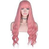AMZCOS Long Wavy Pink Wig with Bangs for Women Heat Resistant Synthetic Hair Wigs for Daily, Cosplay Events (Pink)