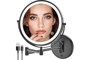 Rocollos Rechargeable Lighted Makeup Mirror, Vanity Mirror with 3 Color Lights, Dimmable Touch Screen,8 Inch LED Double Sided 1X/10X Magnifying 360°Swivel Shaving Mirror 13 Inch Extendable (Black)