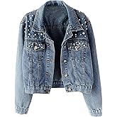 Hixiaohe Women Loose Embroidered Pearls Beading Cropped Denim Jacket Jean Coat