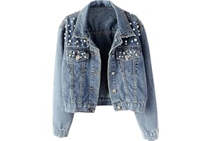 Hixiaohe Women Loose Embroidered Pearls Beading Cropped Denim Jacket Jean Coat