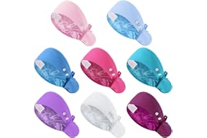 Jamntower 8 Pcs Satin Lined Scrub Cap Women Nurse Hat with Button and Sweatband Adjustable Bouffant Ponytail Surgical Cap