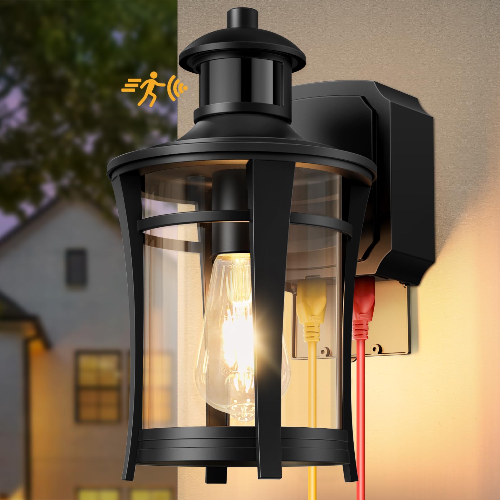 Photo 1 of Porch Lights with Outlet, Outdoor Motion Sensor Lights, Dusk to Dawn Exterior Light Fixture, Anti-Rust Waterproof Outdoor Wall Light, Aluminum Outside Lights for House Patio Front Door Garage, Black