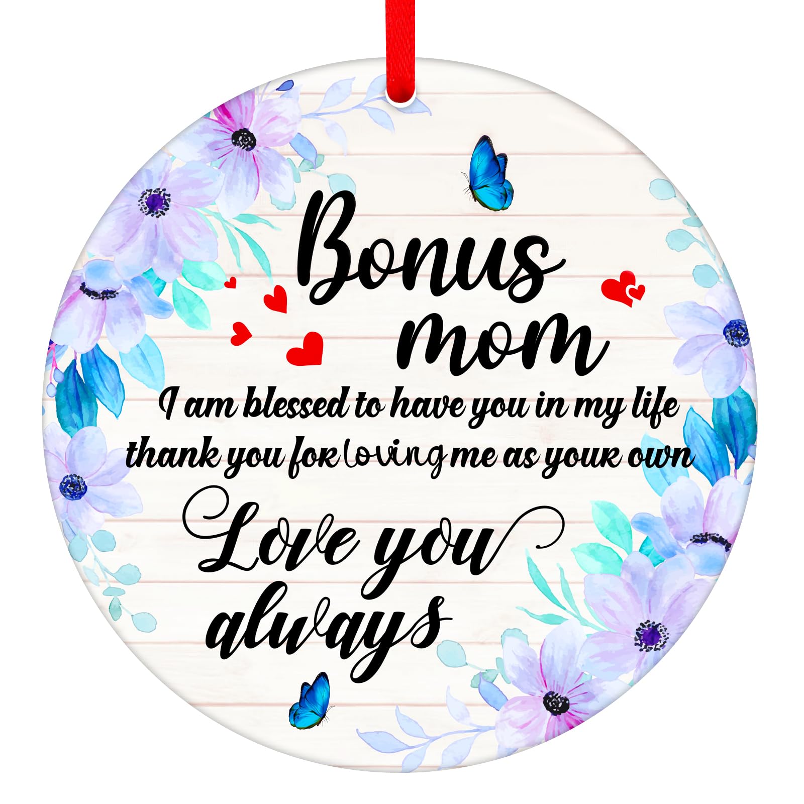 WaaHome Bonus Mom Christmas Ornaments Gifts from Daughter Son, Flower Bonus Mom Ornaments for Christmas Tree Decorations Gifts for Mother in Law Stepmom