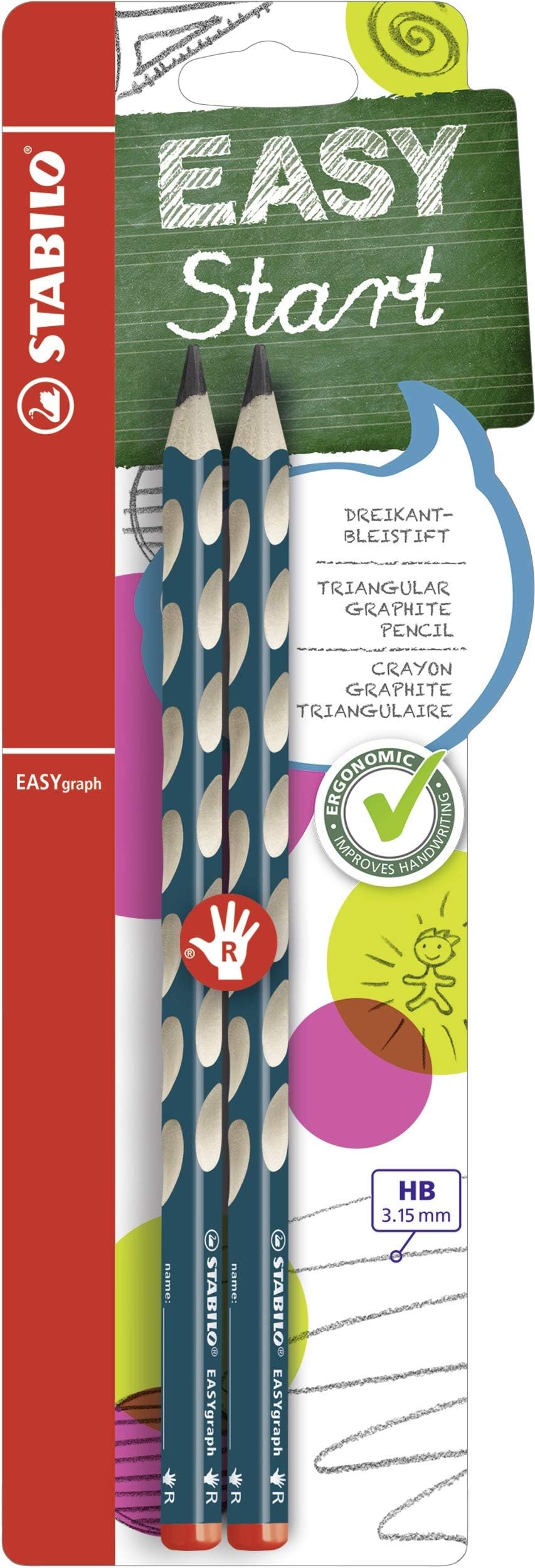 STABILO EASYgraph Ergonomic Graphite Pencil Right-Handed HB 2 Pack Petrol