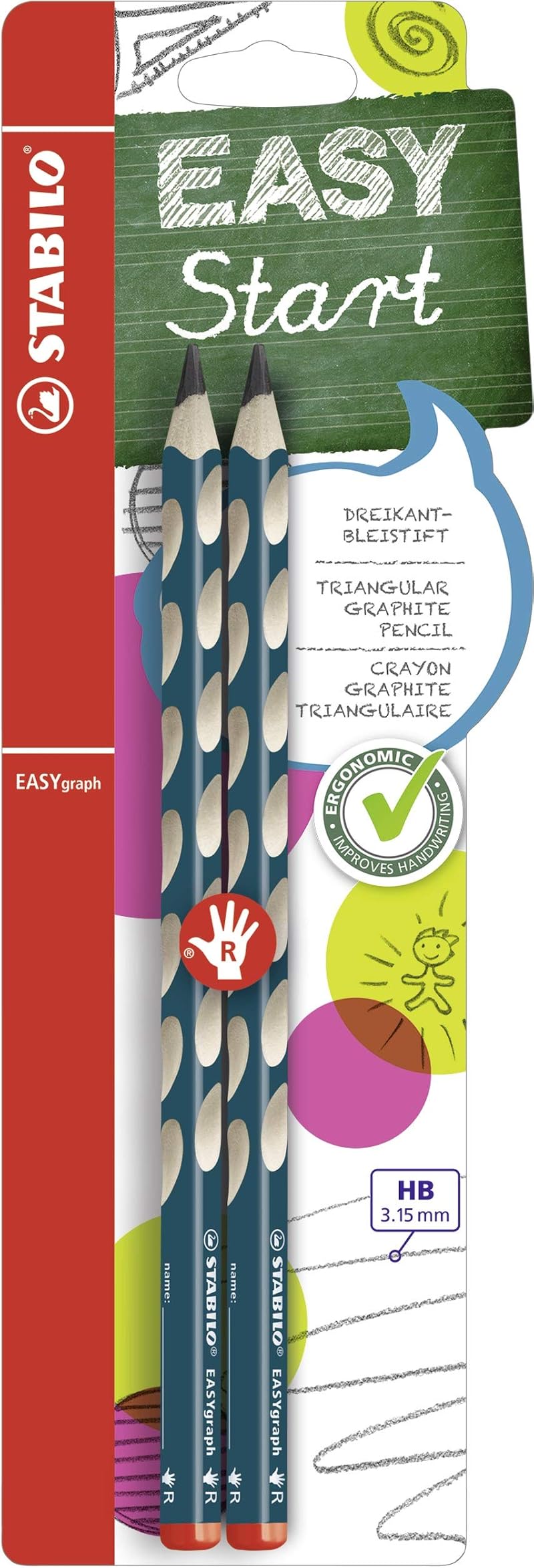 STABILO EASYgraph Ergonomic Graphite Pencil Right-Handed HB 2 Pack Petrol
