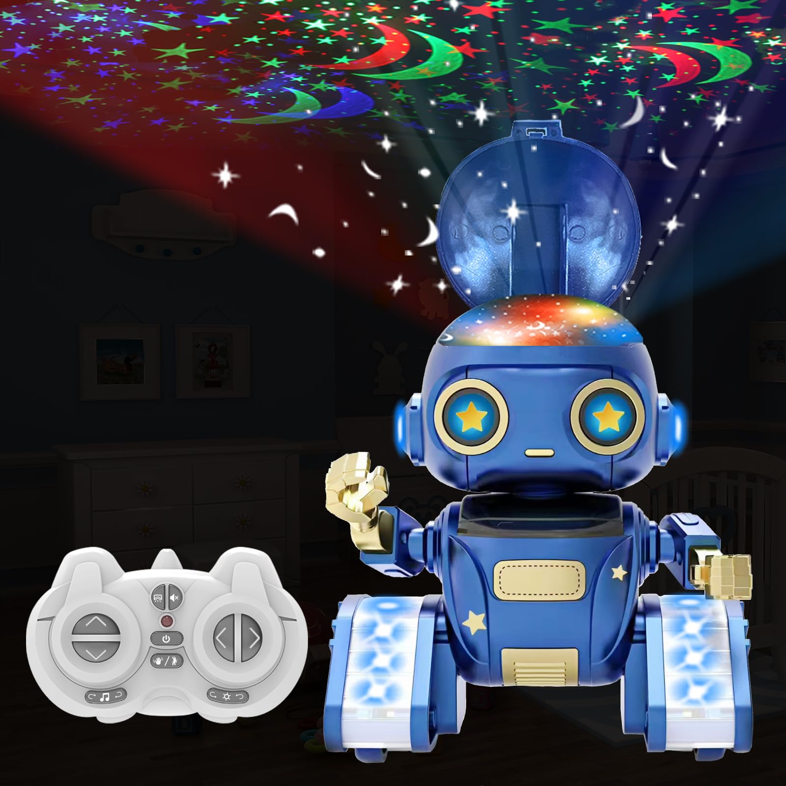 Aikmi Robot Toys for Kids 5-7, Rechargeable Remote Control Robot with Projector Night Light for Kids, Gesture Sensor, Music, Toys for 6 Year Old Boys Girls Birthday Present Boy Toy (Blue)
