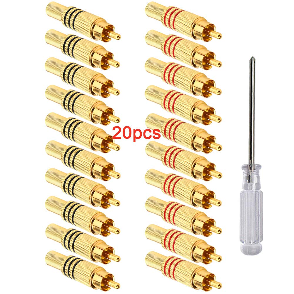 Aiqeer 20 Pcs Gold Plated RCA Male Plug Connectors, Speaker Audio/Video Adapter, Solderless for Multimedia and CCTV