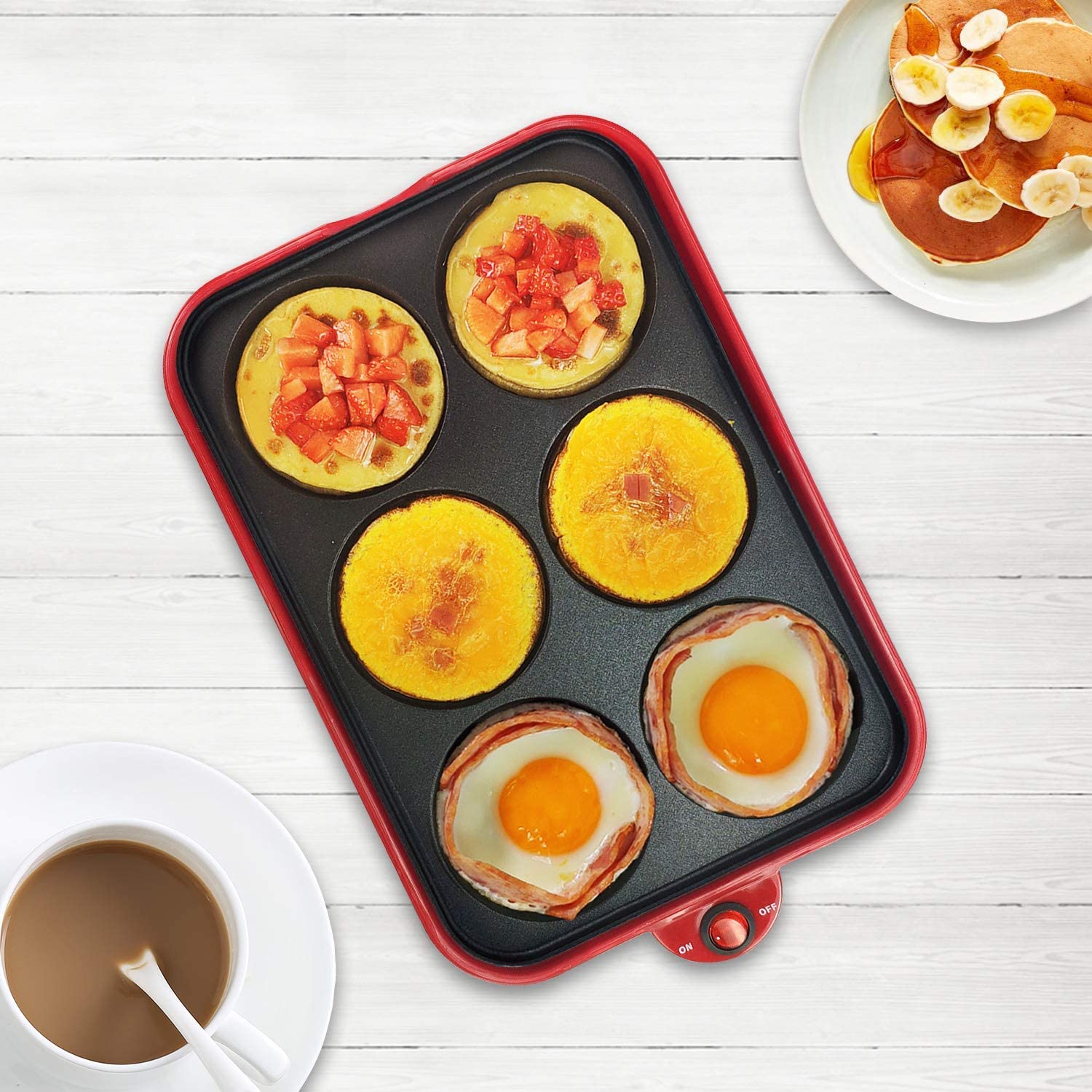 Health and Home Multifunction Nonstick Baking Maker with 3 Interchangeable Baking Plates for Fried Eggs, Fried Steak, Takoyaki, Cake Pops, Grill Maker, RED-1