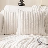 MOSAYT Faux Fur Double Throw Pillow Covers 18x18, Set of 2, Plush Velvet Soft Pillow Case,Fluffy Striped Decorative Couch Pillow Covers for Sofa, Bedroom, Living Room(Snow White)