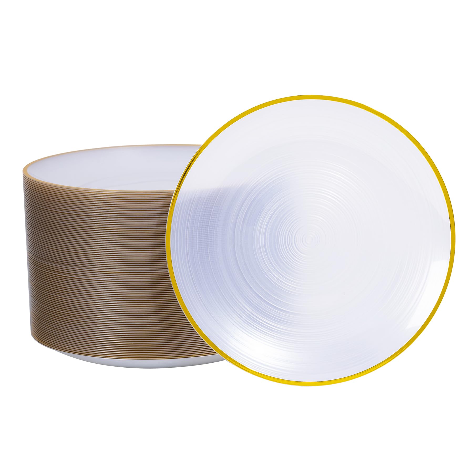 Photo 1 of *SMALL* LCCFHTI 100PCS White Gold Plastic Plates, 7 Inch Heavy Duty Disposable Dessert Plates with Gold Rim, Round Appetizer/Salad Plates for Wedding, Party, Camping, Picnic