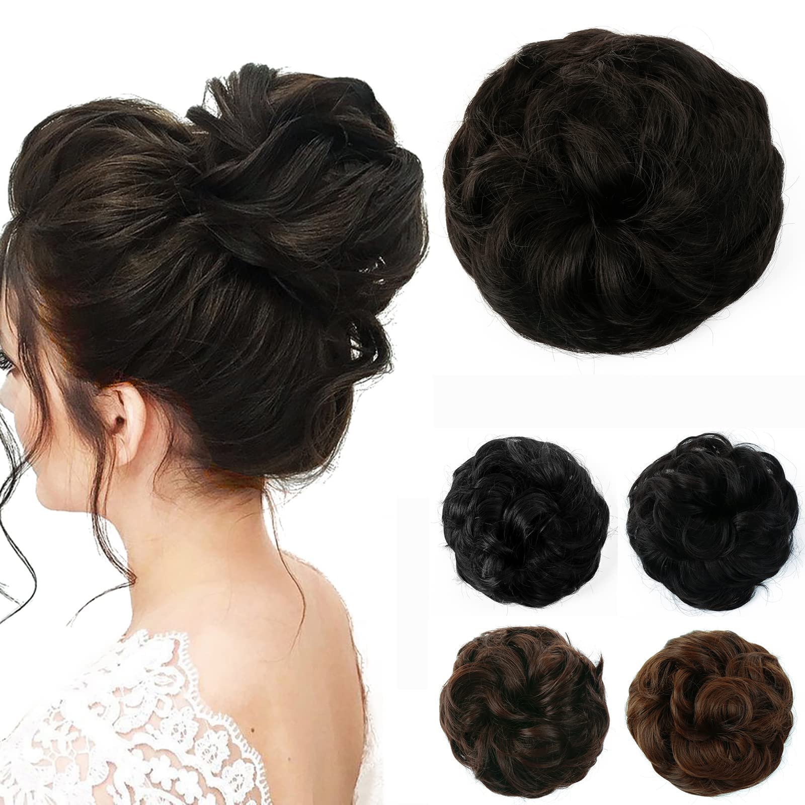 JJstar Messy Hair Bun Curly Wavy Hair Scrunchies Accessories Pieces for Women Girls Synthetic Chignons (Black Brown)
