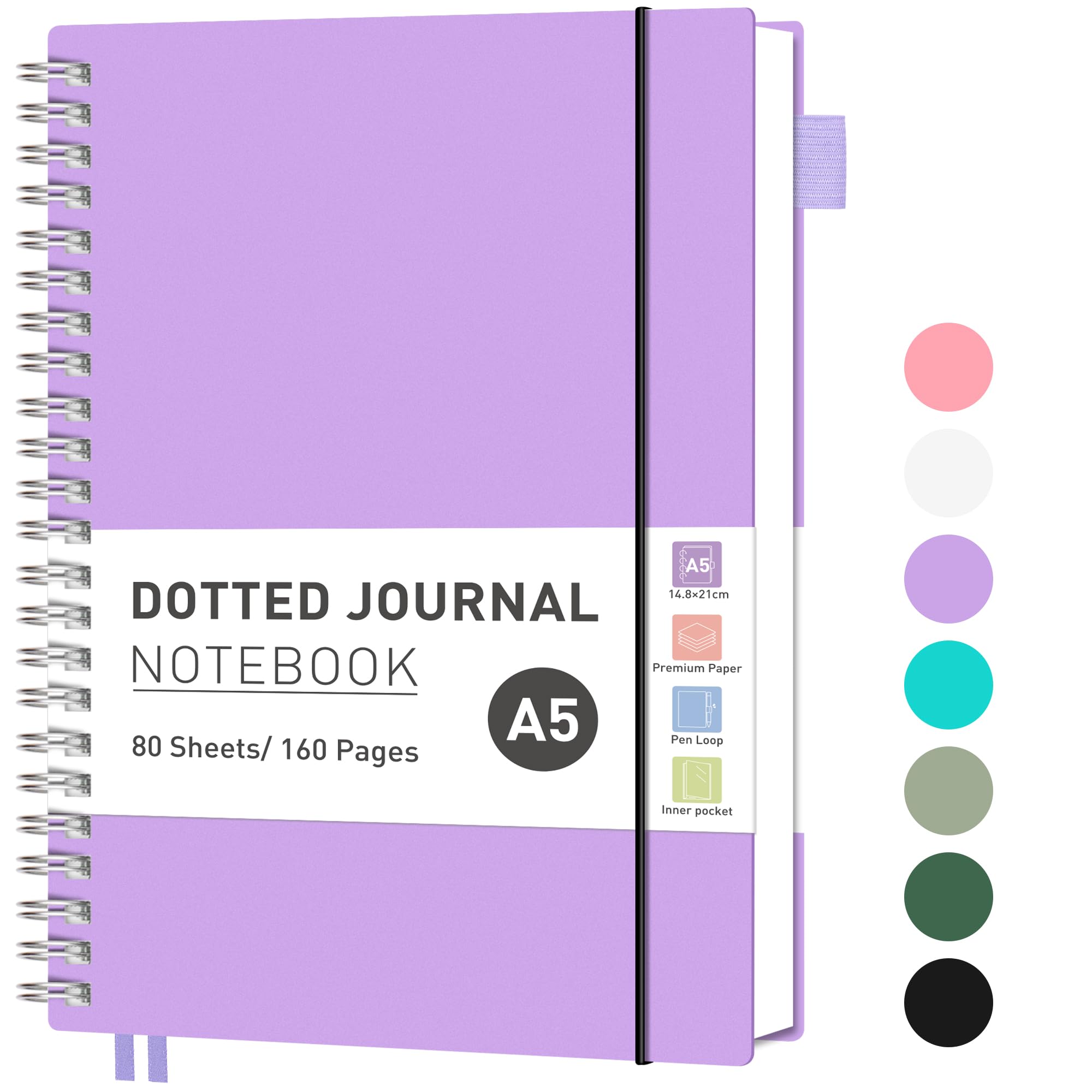 RETTACY Notebook A5 Bullet Dot Journals for Women, Grid Wirebound Spiral Notebook 160 Pages for Writing,PVC Pocket,Pen Loop, Ruler, Bookmark,for Note Taking School Office Supplies,14.5 x 20.7cm-Lilac