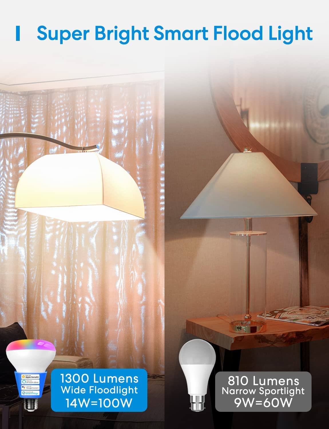 Meross Smart Light Bulb, BR30 Flood WiFi LED Bulbs Compatible with Apple HomeKit, Alexa, Google Assistant & SmartThings, Dimmable E26 Multicolor 2700K-6500K RGBCW, 1300 Lumens 100W Equivalent, 2 Pack